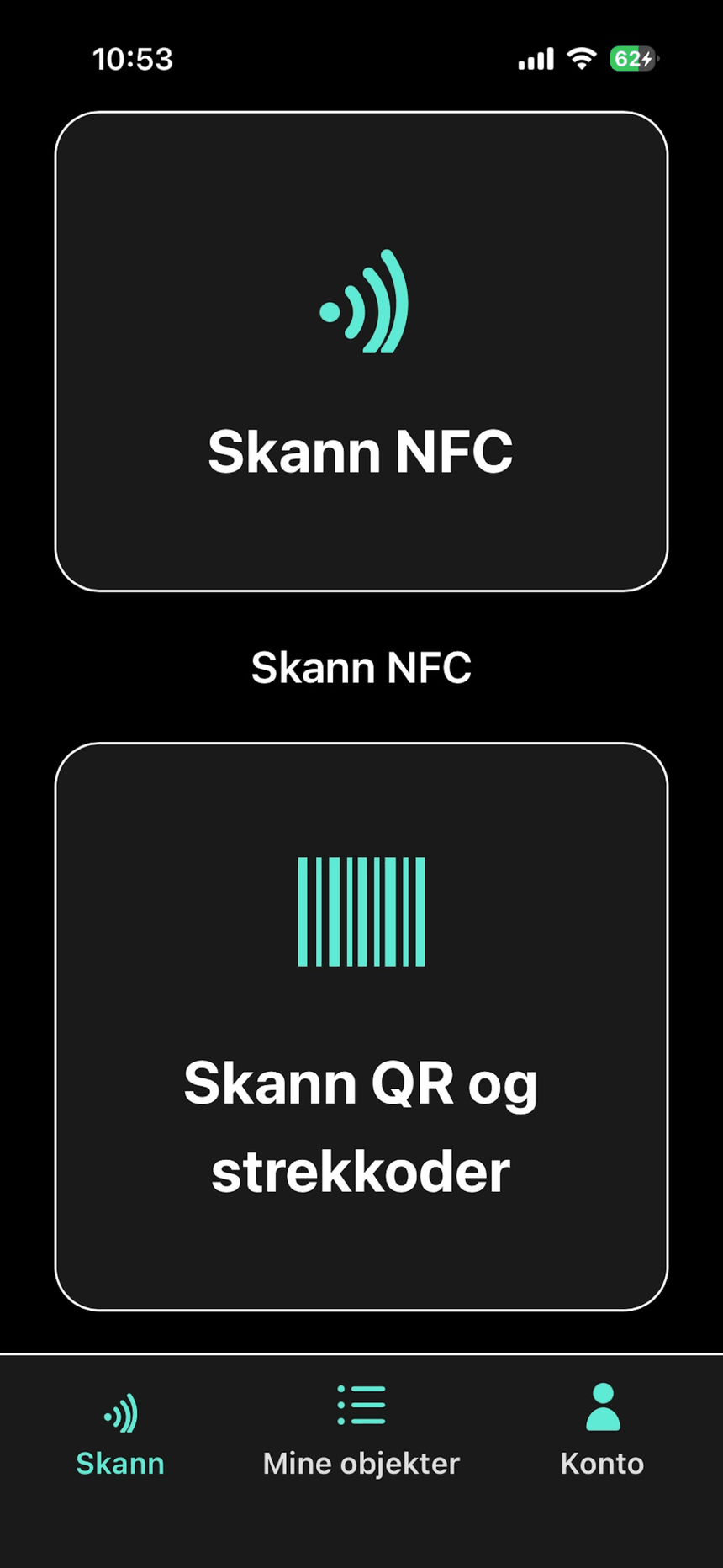 qVISIONs startside: to store scanneknapper i fuld bredde over hinanden — den øverste til at holde telefonen mod en brik, den nederste til at læse QR-koder og stregkoder med kameraet — og en fanelinje nederst med Scan, Mine objekter og Konto.